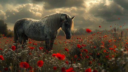 Majestic Horse in a Field of Poppies