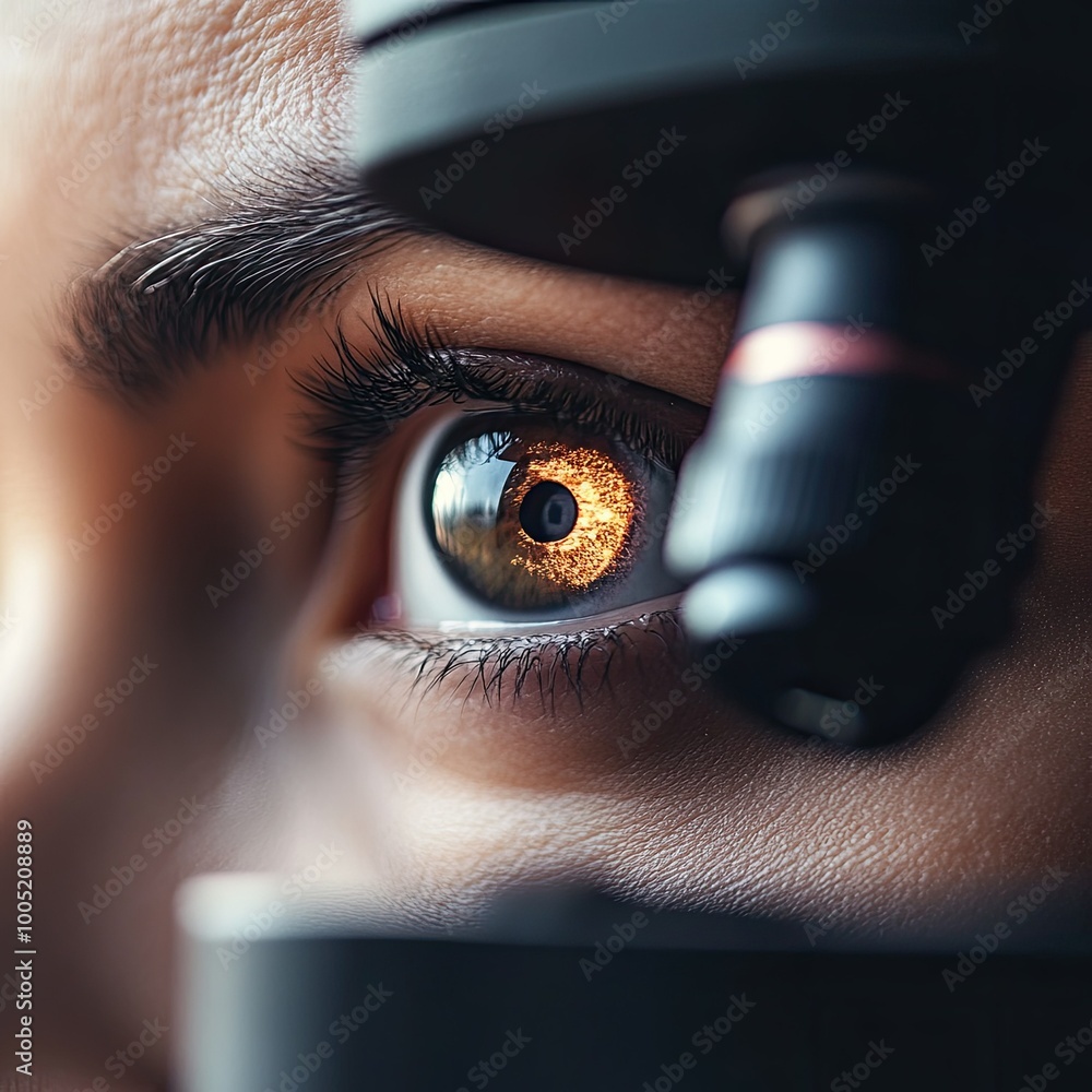Poster scientist peering through microscope with intense focus