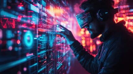 Futuristic Hacker Engaging with Virtual Technology