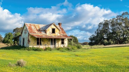 Obraz premium Rustic Farmhouse with Peeling Paint in a Green Field