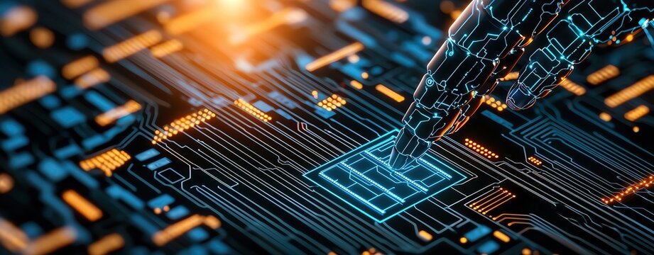 Artificial intelligence circuits overlaying a traditional stock market floor, AI in traditional finance, robotic takeover of manual trading