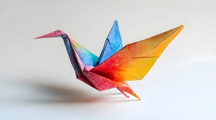 Delicately Crafted Origami Crane Folded from Colorful Paper, Isolated on an Empty Background