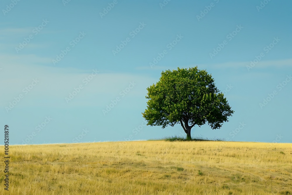 Poster oak tree in a field on a background of blue sky with clouds
