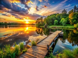 Fototapeta premium Vibrant sunset over tranquil lake with rustic wooden dock, surrounded by lush green trees and reflections of warm golden light on gentle waters.