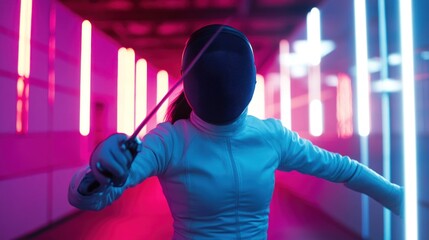 Fencer in a Neon Lit Room