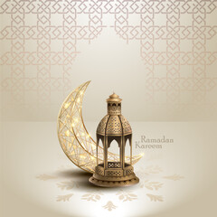 islamic greetings ramadan kareem card design with unique lanterns and crescent moon