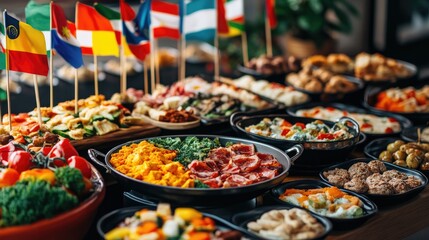 International Buffet with Flags and Diverse Cuisine