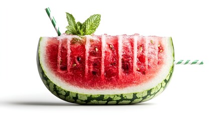 Tropical Refreshment: Half Watermelon Served with Straw and Mint Sprig, Isolated on White