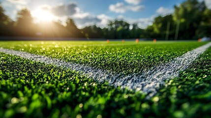 Low Angle Close-Up of White Line on Green Sports Field, Athletic Ground Detail