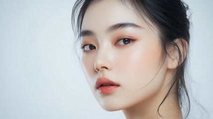 Naklejka premium Close-up Portrait of a Young Woman with Smooth Skin and Soft Makeup