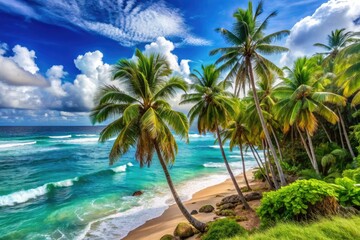 Fototapeta premium Vibrant tropical landscape featuring swaying palm trees, lush green foliage, andTurquoise ocean waves gently crashing against a sandy beach under a bright blue sky.