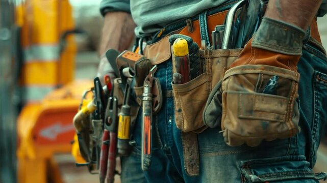 Close-up of Construction Worker with Tool Belt on Worksite