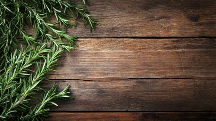 Naklejka premium Fresh Rosemary Sprigs on a Rustic Wooden Table