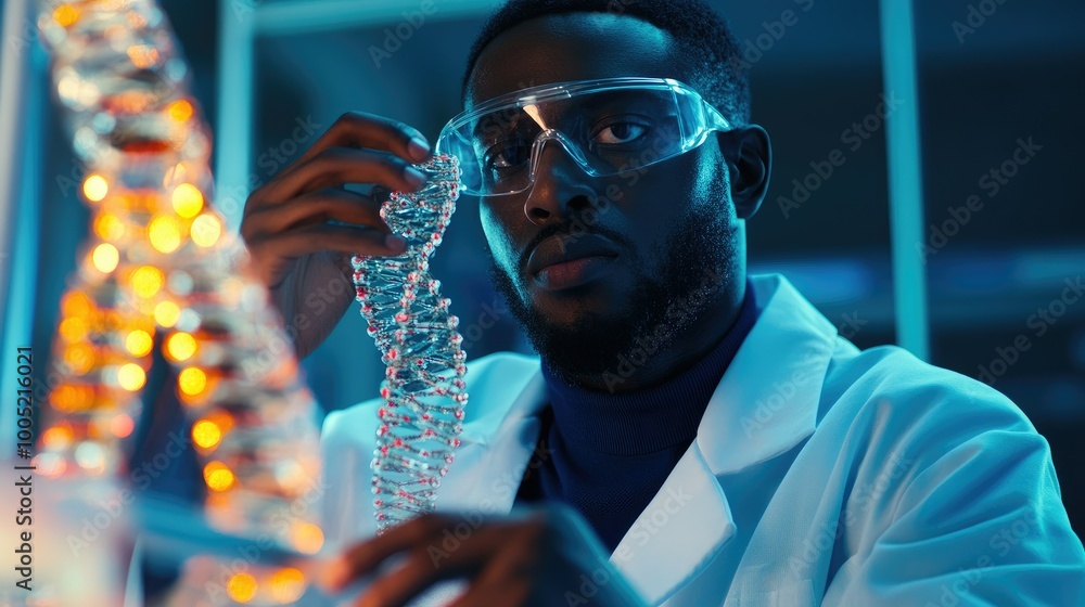 Poster technician analyzing dna model in laboratory setting