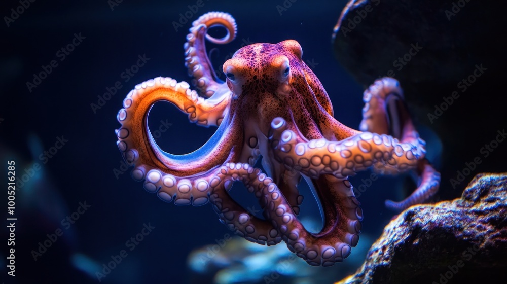 Poster Octopus with a Bright and Colorful Skin Against a Deep Blue Background