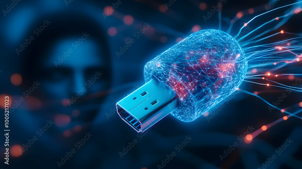 Poster abstract representation of a glowing usb drive with digital connections, set against a dark backgrou