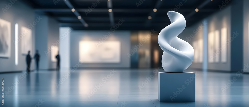 Poster abstract sculpture displayed in an art gallery with modern design and soft lighting.