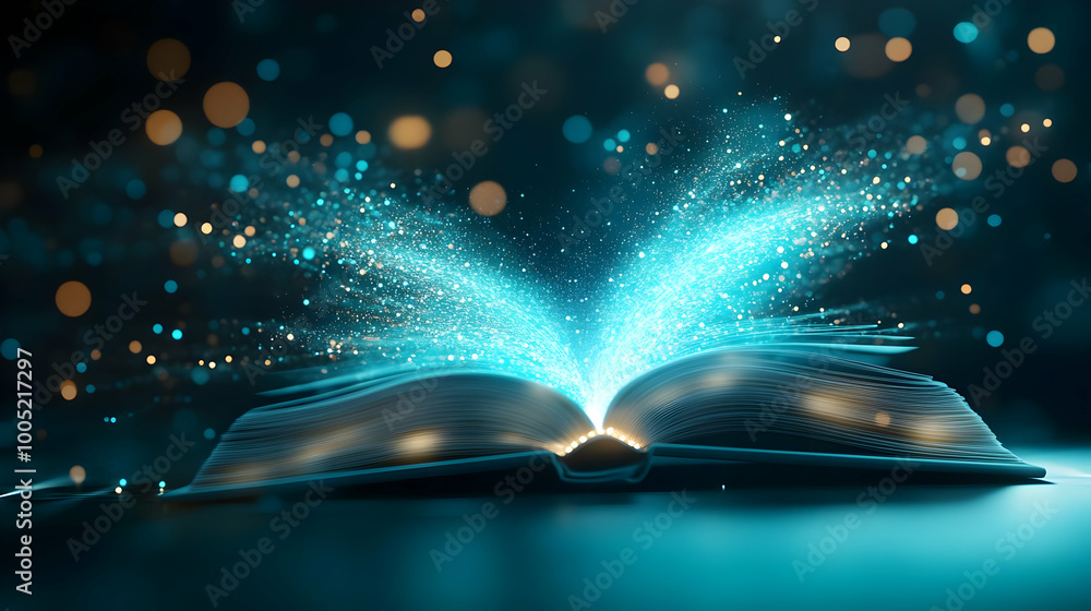 Poster an open book with sparkling blue magic emanating from its pages, creating a mystical and enchanting 