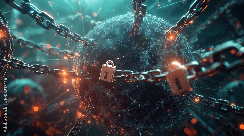 Aufkleber abstract 3d render of a metal chain and padlocks enclosing a shattered sphere, network security conc