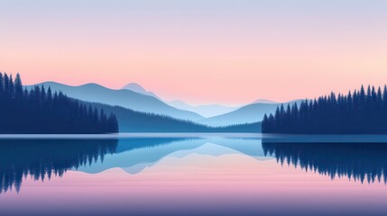 Fototapeta premium Peaceful Mountain Lake Sunset with Silhouettes of Pine Trees and Reflection - Beautiful Nature Landscape