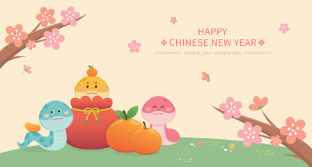 Chinese New Year with pink plum blossoms and spring poster or greeting card, orange and red money bag with snake character