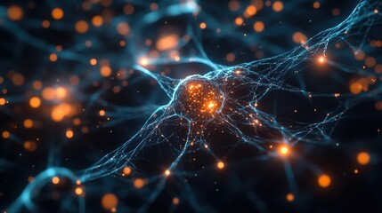 Abstract Neural Network with Glowing Orange Lights and Blue Lines on a Black Background.