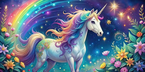 Fototapeta premium Vibrant, whimsical digital illustration of a majestic unicorn with a shimmering rainbow mane and tail, surrounded by sparkling stars and delicate floral elements.