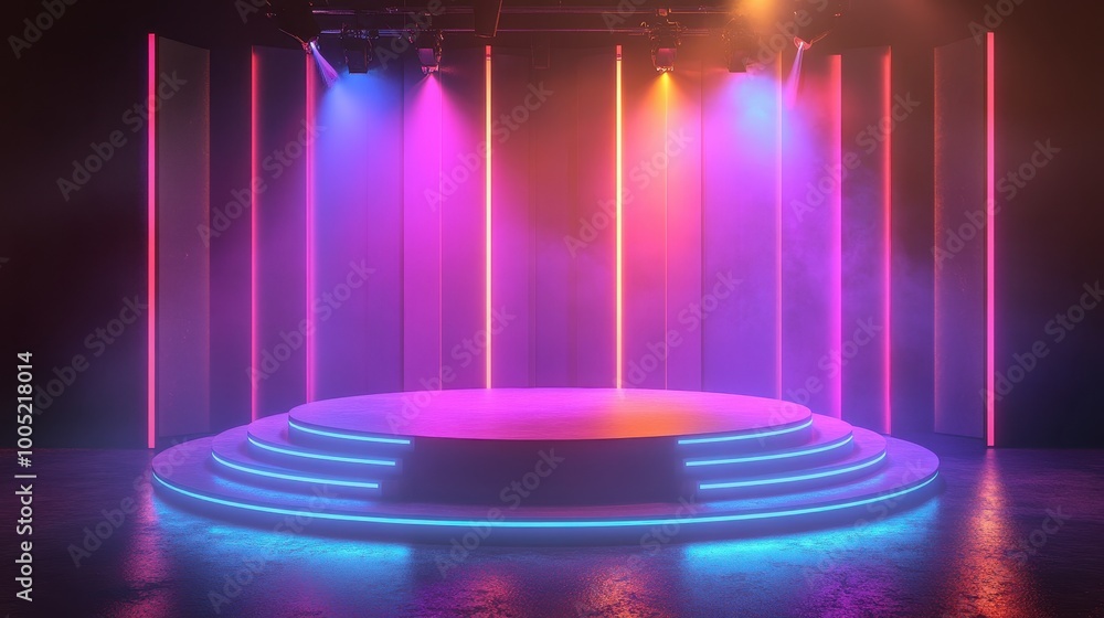 Poster neon stage with circular platform and colorful lighting - 3d rendering.