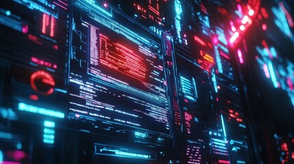 Obraz premium Futuristic Technology Interface with Neon Blue and Red Lights - Cyberpunk Style Digital Display.