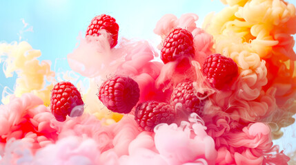 A few raspberries are tumbling in a thick colored stylish smoke. Raspberry clusters float in a cloud of pink and yellow smoke