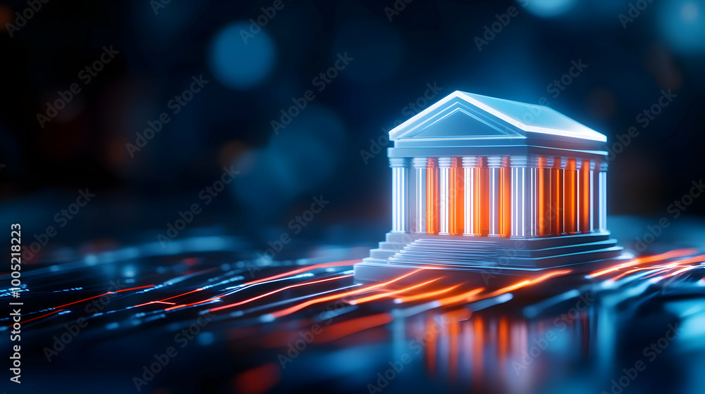 Poster a digital representation of a classic temple structure with glowing elements against a dark backgrou