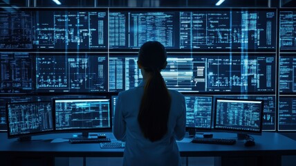 Woman observing data on multiple computer screens in a modern workspace.