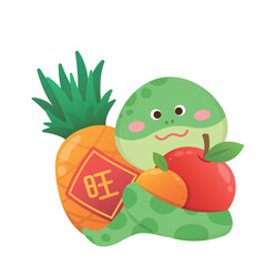 Snake character or cartoon character with fruits, pineapple and orange and apple, Chinese New Year, vector illustration, translation: prosperity