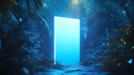 Mysterious Glowing Portal in Enchanted Forest Scene. A mesmerizing scene of a glowing doorway emitting light in a lush, magical forest. The surreal atmosphere evokes mystery and fantasy.