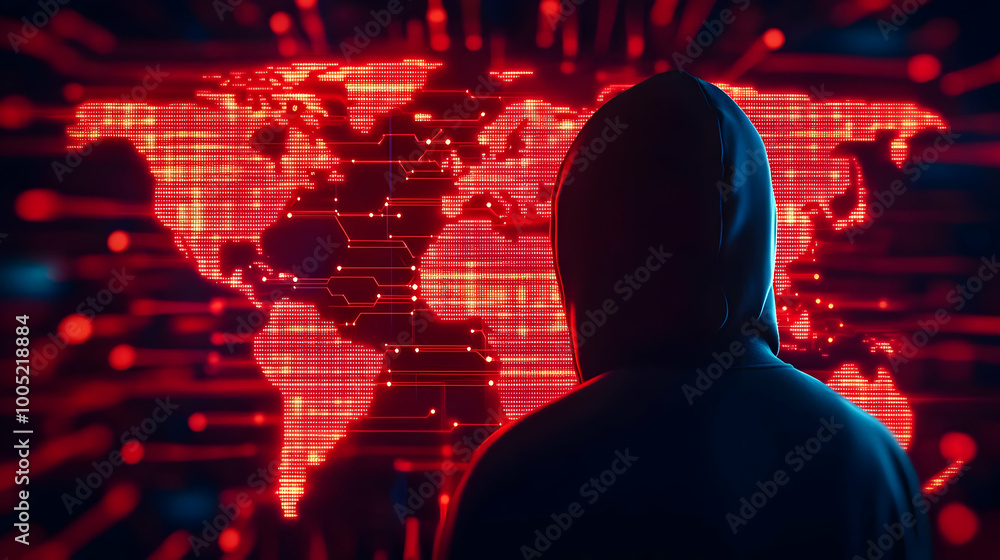 Poster a hooded figure analyzing a digital world map on a glowing red background, emphasizing cybersecurity