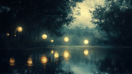 Surreal Nighttime Forest Scene with Glowing Spheres Reflecting in a Still Lake