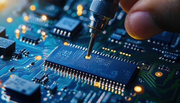 Engineer testing electronic circuit boards with precision tools, electronics quality control, component verification
