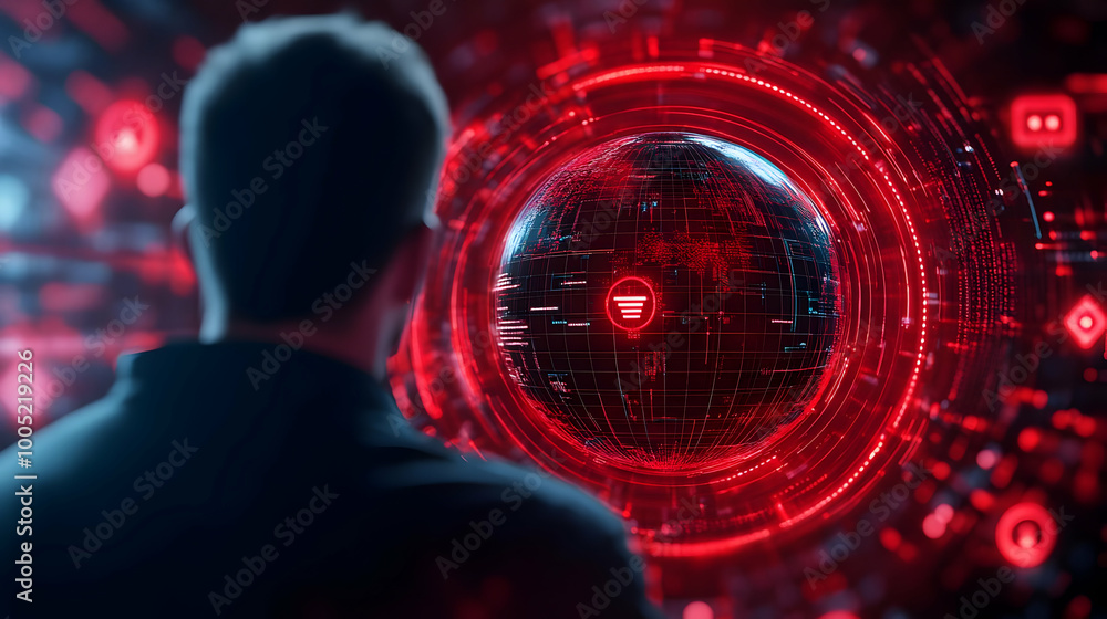 Poster a person interacts with a futuristic digital interface, glowing red elements and holographic display
