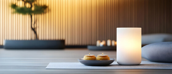 A serene setting with candles, soft lighting, and minimalist decor, perfect for relaxation and mindfulness.
