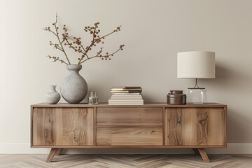 Warm and Cozy Living Room Interior Design with Brown Sideboard, Stylish Sculpture, Gray Vase with Branch, Personal Accessories, Home Decor