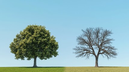 Fototapeta premium Two Trees, One Lush, One Barren, Representing Life and Death, With a Blue Sky Background.