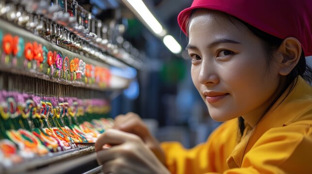 Focused Woman Operating an Embroidery Machine - Powered by Adobe