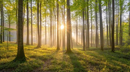 Obraz premium Sun rays illuminate a misty forest clearing with tall trees and green foliage.
