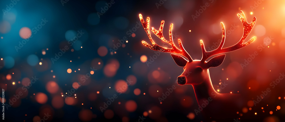 Poster a vivid reindeer head emerging from a blurred background of colorful lights and sparkling bokeh.