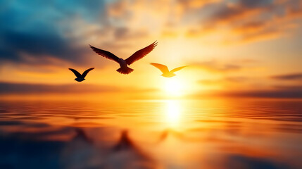 Fototapeta premium Birds flying over a tranquil sunset illuminating the peaceful water surface.