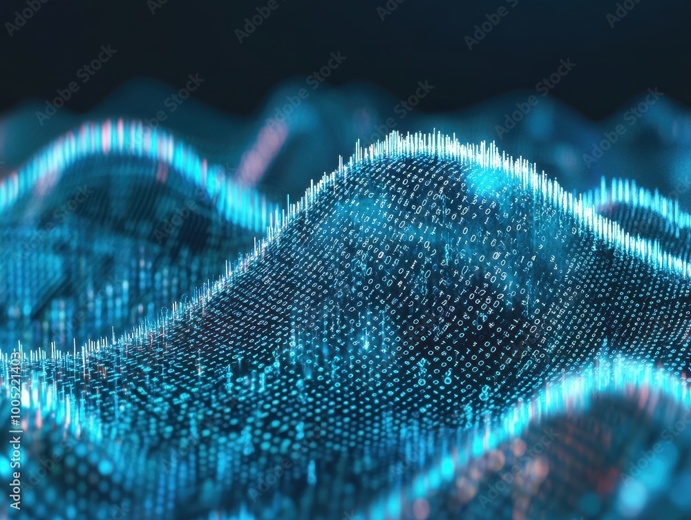 Poster abstract digital landscape with binary code and glowing blue lights - futuristic technology backgrou