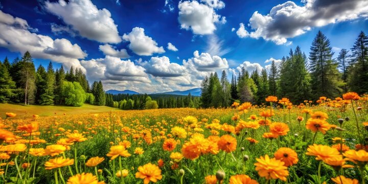 Vibrant yellow and orange eriz flowers bloom in a lush green meadow, surrounded by tall trees and a bright blue sky with fluffy clouds.