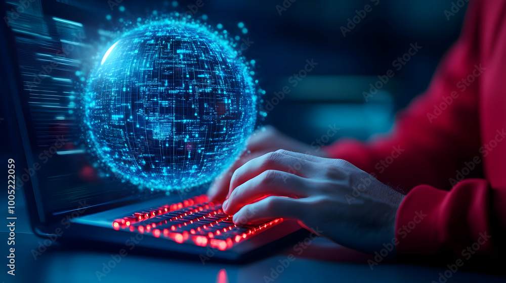 Aufkleber close-up of a hand typing on a laptop with a digital globe interface in a futuristic setting.