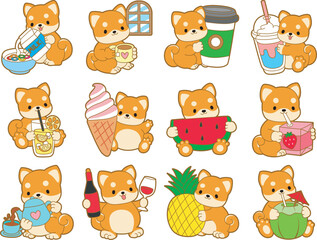 Fototapeta premium Cute puppy kawaii dog lovely animal vector icon. Fluffy Shiba Inu pet stickers. Happy doggy activities illustrations.