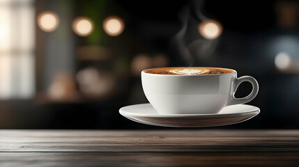 Obraz premium Coffee cup with steam on wooden table, artistic background with blurred lights.